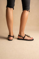 T-Strap Sandals - Black Suede