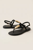 T-Strap Sandals - Black Suede