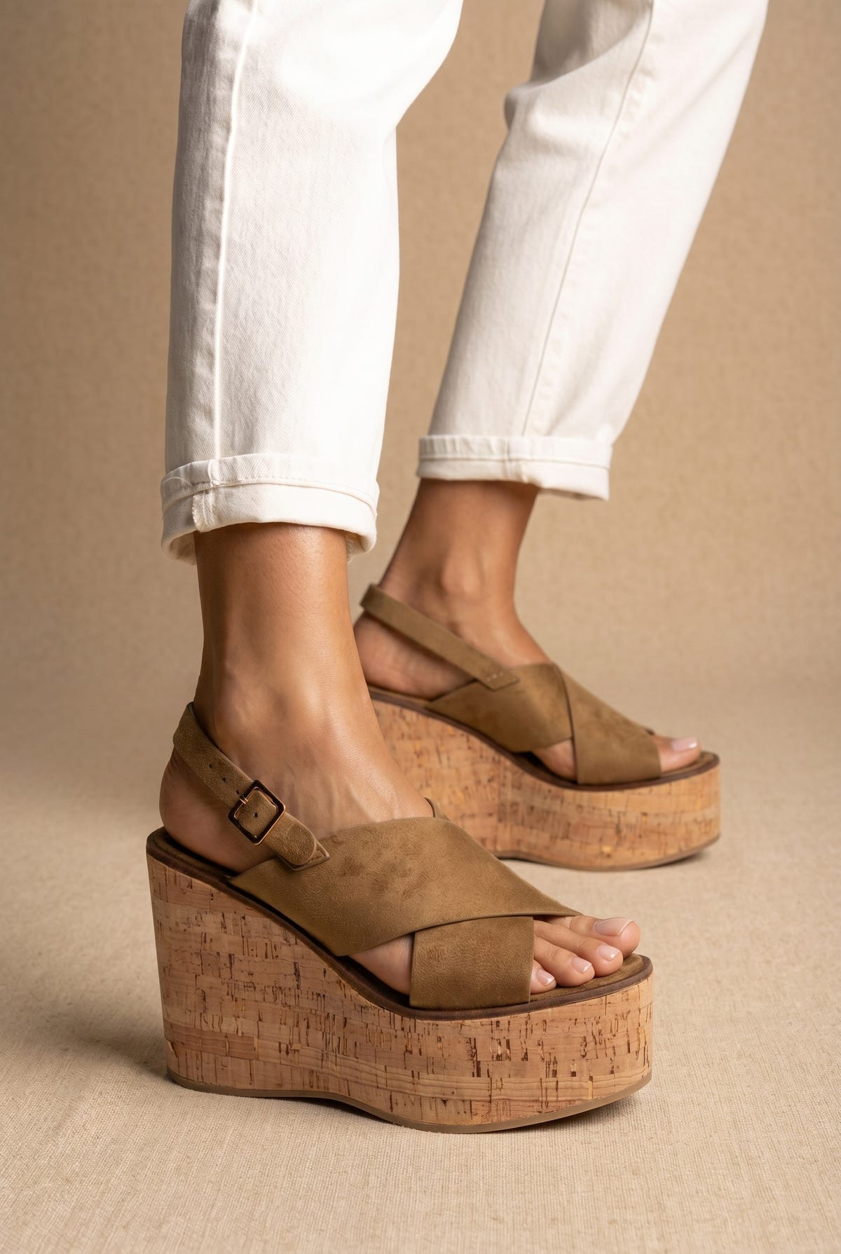 Tan suede crossover-strap sandals with buckled ankle strap on a tall cork platform wedge, three-quarter view worn on a model