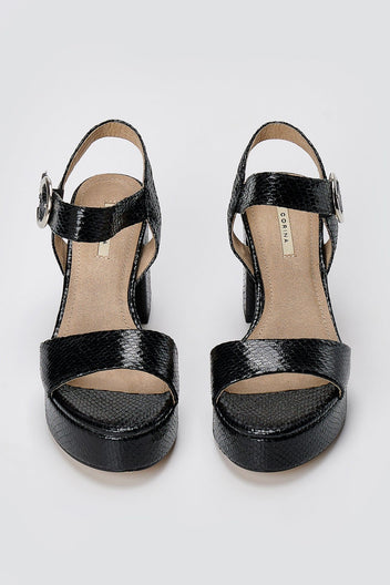 Platform Heeled Sandals Snake Print - Black Matte