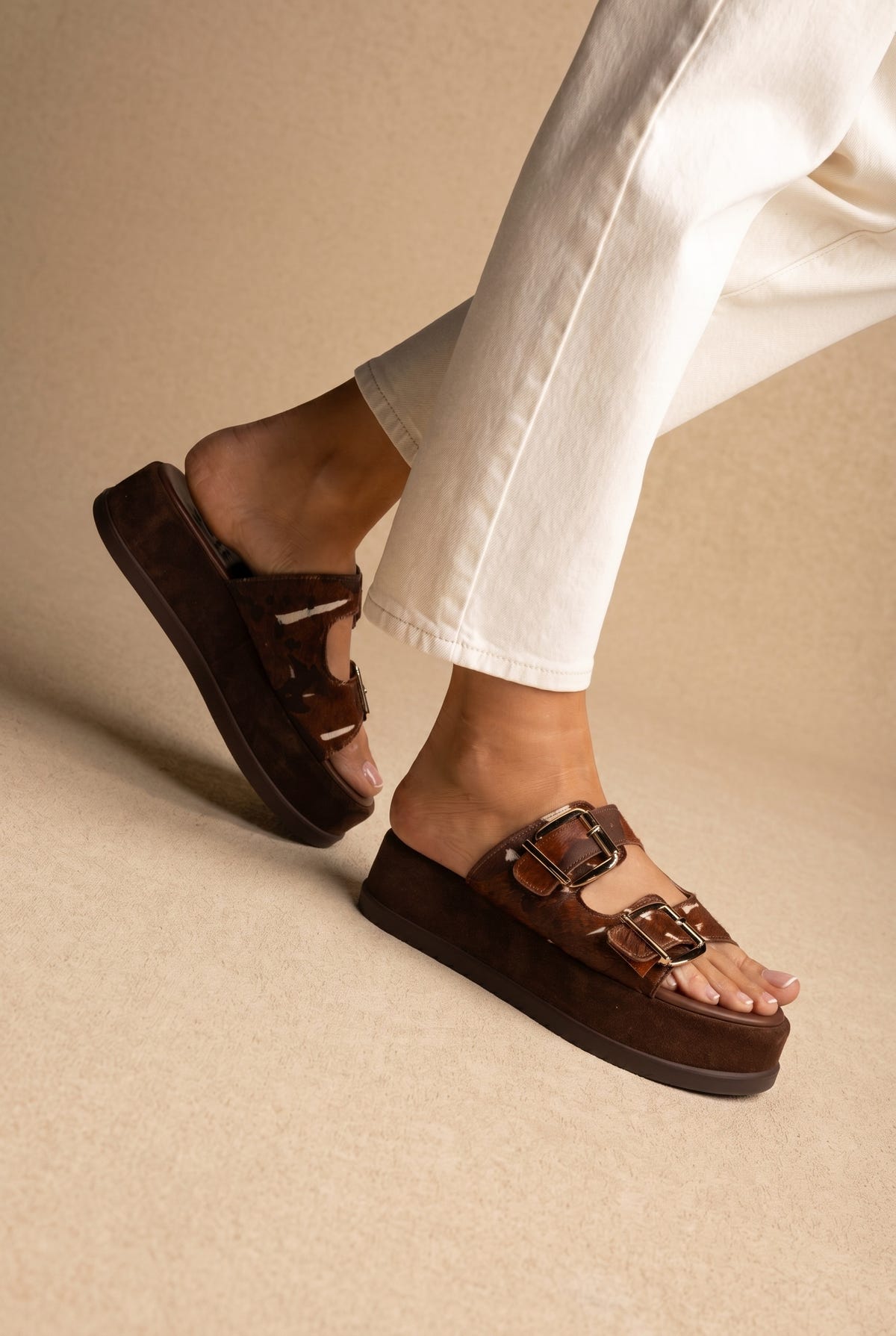 Sandalias flatform - Pony marrón efecto vaca
