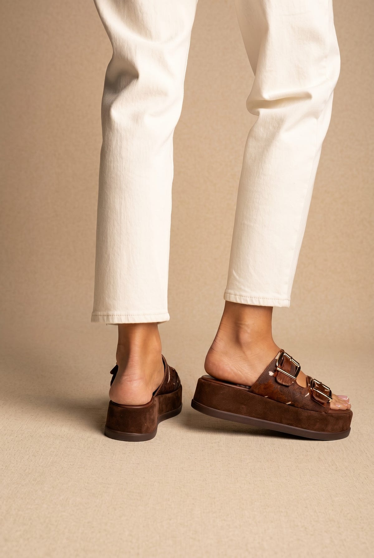 Sandalias flatform - Pony marrón efecto vaca