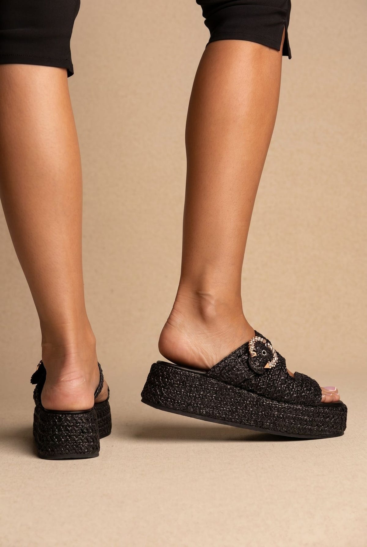 Flatform Sandals - Black Raffia-Flatform Sandals - Black Raffia