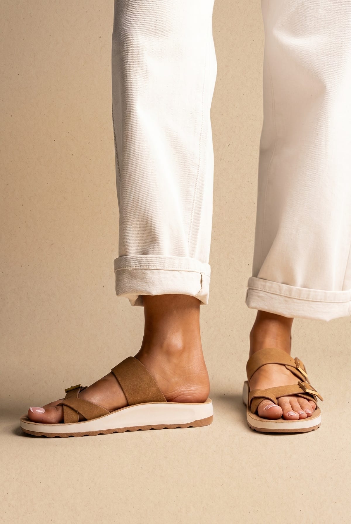 Platform Sandals with Buckles - Camel Suede