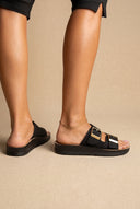 Platform Sandals Wide Straps Bold Buckles - Black Suede