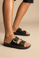 Platform Sandals Wide Straps Bold Buckles - Black Suede