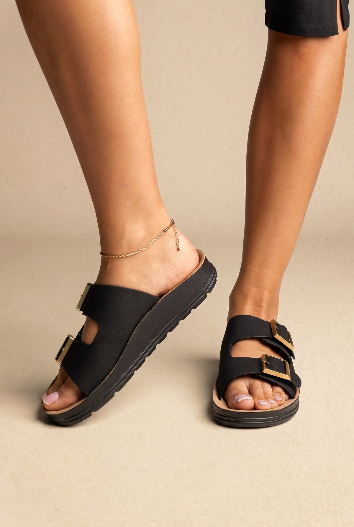 Platform Sandals Wide Straps Bold Buckles - Black Suede