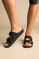 Platform Sandals Wide Straps Bold Buckles - Black Suede
