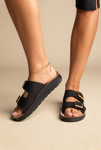 Platform Sandals Wide Straps Bold Buckles - Black Suede
