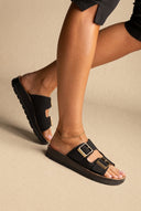 Platform Sandals Wide Straps Bold Buckles - Black Suede