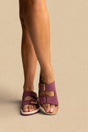Platform Sandals Wide Straps Bold Buckles - Bordeaux Suede