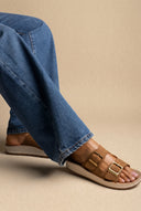 Platform Sandals Wide Straps Bold Buckles - Tan Suede