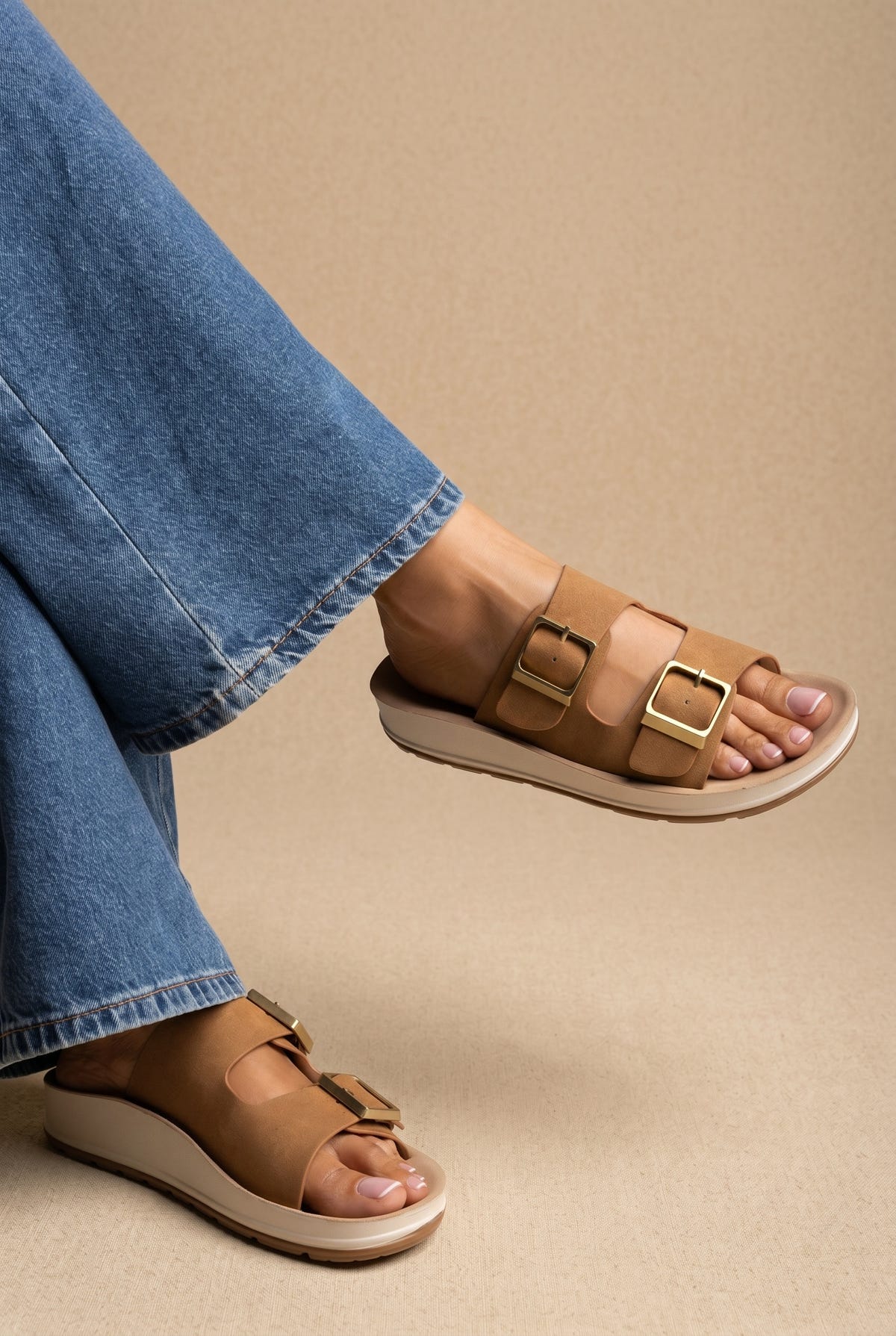 Platform Sandals Wide Straps Bold Buckles - Tan Suede