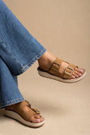 Platform Sandals Wide Straps Bold Buckles - Tan Suede