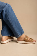 Platform Sandals Wide Straps Bold Buckles - Tan Suede