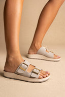 Platform Sandals Wide Straps Bold Buckles - Light Grey Matte