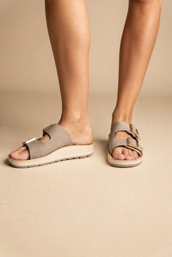 Platform Sandals Wide Straps Bold Buckles - Light Grey Matte