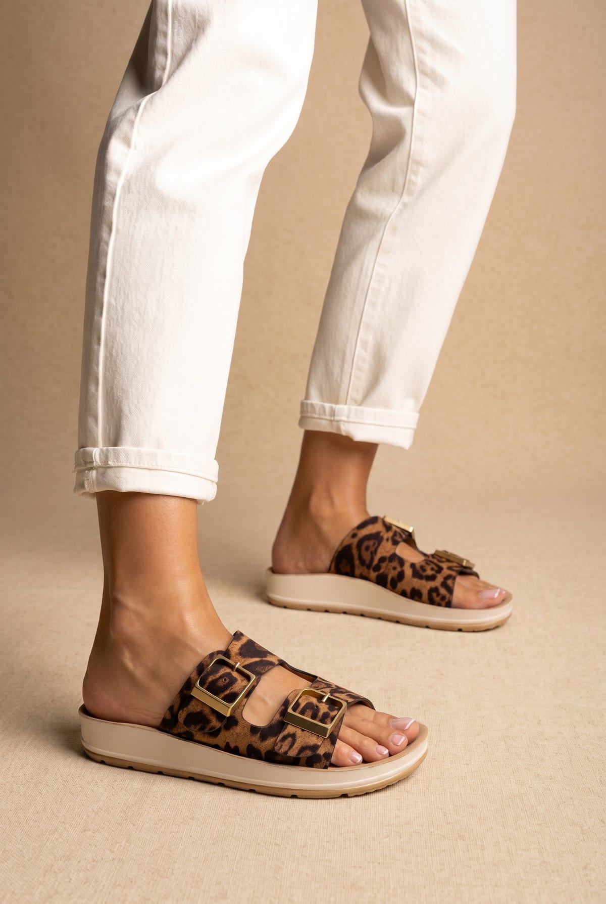 Platform Sandals Wide Straps Bold Buckles - Leopard suede