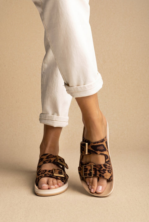Platform Sandals Wide Straps Bold Buckles - Leopard suede