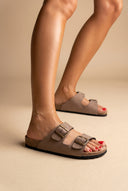 Bold Buckle Wide Strap Sandals - Brown Suede