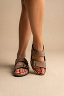 Bold Buckle Wide Strap Sandals - Brown Suede