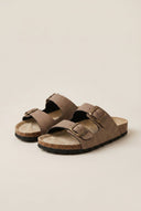 Bold Buckle Wide Strap Sandals - Brown Suede