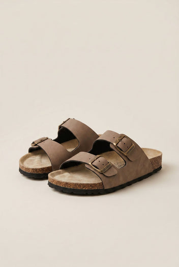 Bold Buckle Wide Strap Sandals - Brown Suede