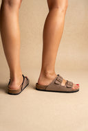 Bold Buckle Wide Strap Sandals - Brown Suede