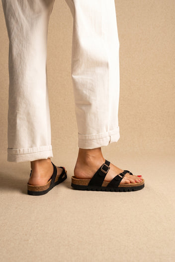 Black toe-loop sandals with buckled straps and cork footbed, worn on a model with white cuffed trousers, side view