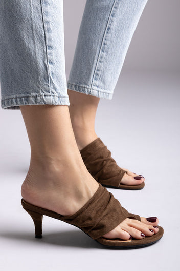 Kitten Heel Mules - Brown Suede