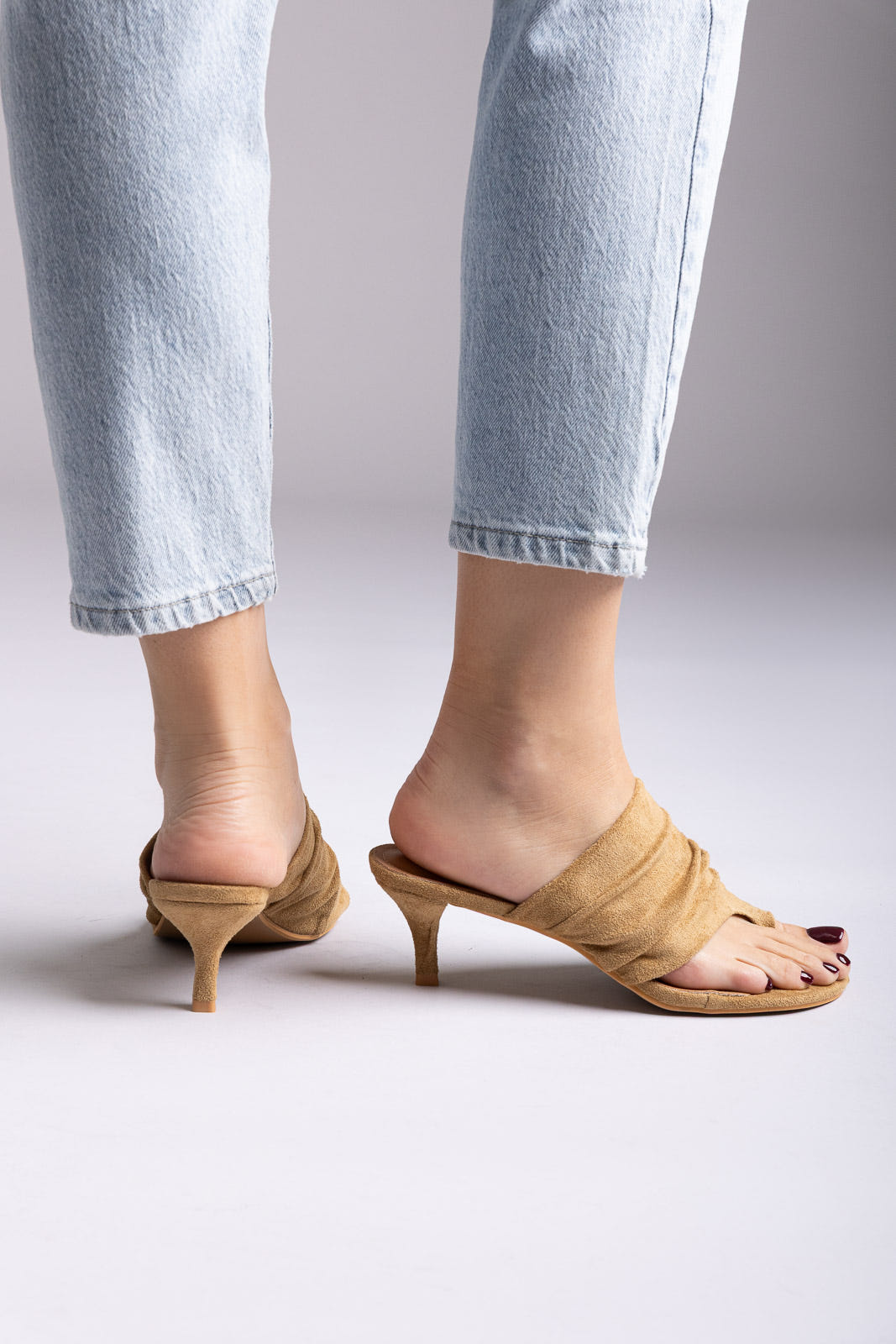 Kitten Heel Mules - Taupe Suede