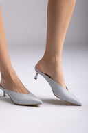 V Cut Kitten Heel Mules - Silver Lurex