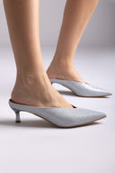 V Cut Kitten Heel Mules - Silver Lurex
