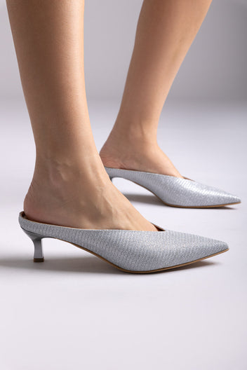 Mules V Cut tacón kitten - Lurex plateado