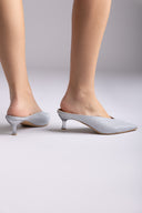 V Cut Kitten Heel Mules - Silver Lurex