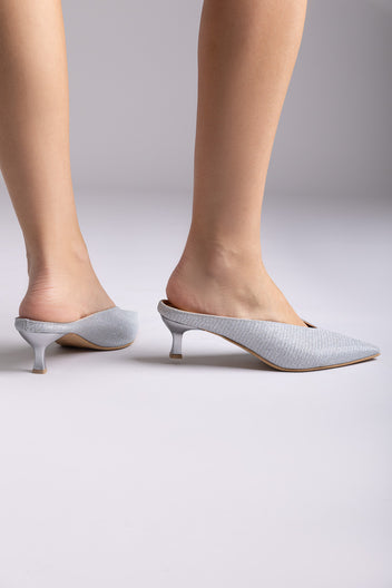 Mules V Cut tacón kitten - Lurex plateado