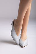 V Cut Kitten Heel Mules - Silver Lurex