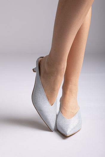 Mules V Cut tacón kitten - Lurex plateado