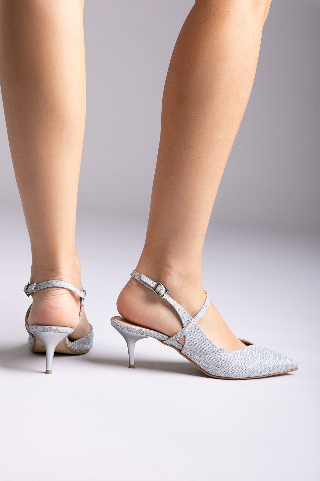 Slingback Kitten Heel Pumps - Silver Lurex