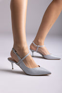 Slingback Kitten Heel Pumps - Silver Lurex