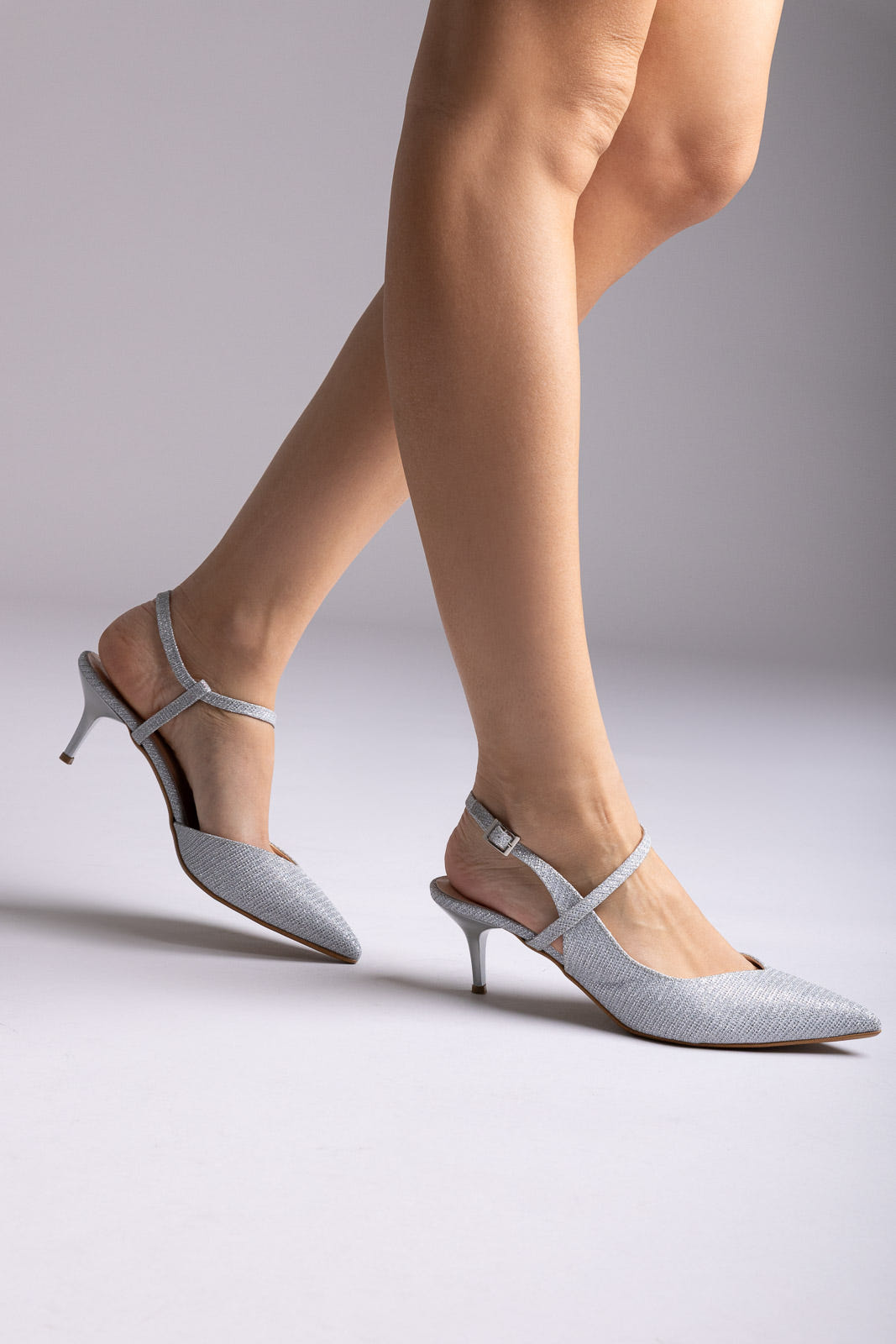 Slingback Kitten Heel Pumps - Silver Lurex