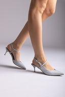 Slingback Kitten Heel Pumps - Silver Lurex