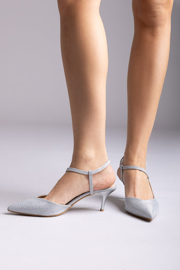 Slingback Kitten Heel Pumps - Silver Lurex