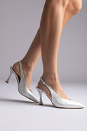 V Cut Slingback Kitten Heel Pumps - Pearl White