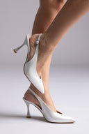 V Cut Slingback Kitten Heel Pumps - Pearl White