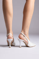V Cut Slingback Kitten Heel Pumps - Pearl White