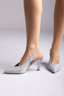 V Cut Slingback Kitten Heel Pumps - Silver Lurex