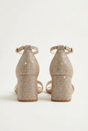 Block Heel Ankle Strap Sandals - Nude Lurex