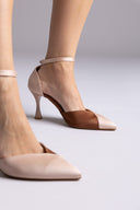 Stiletto Pointed Toe Pumps - Nude/Brown Satin
