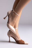 Stiletto Pointed Toe Pumps - Nude/Brown Satin